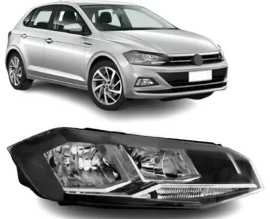 Farol VolksWagem Polo com Friso Cromado para 03 Lampada Lado Direito 2018 ate 2022.